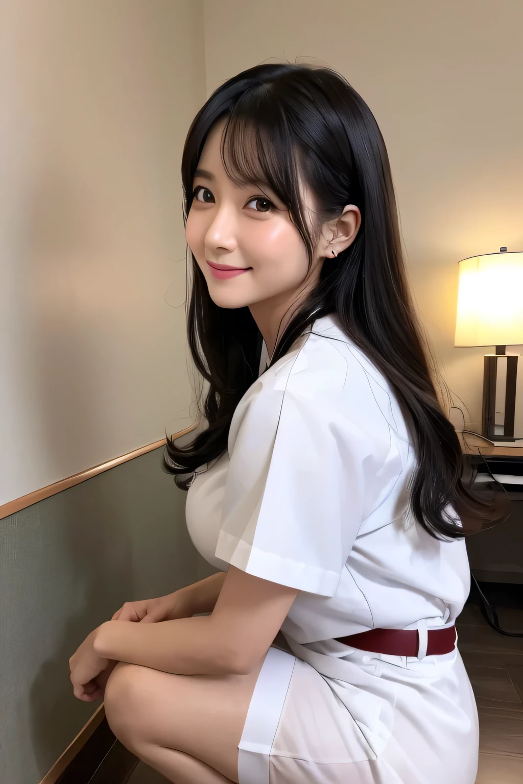 (1 woman)、(Beautiful Japanese、38years old,round face、Refreshing、clear、seems kind、stylish、Pitiful、cute like an angel、cute、black eyes、,actress,Narrow eyes,Adult atmosphere), Good style , (Beautiful big breasts:1.2),(soft breasts),(very cute),(Black hair),(long hair),(updo),(enchanting eyes),(highlight on eyes:1.2)、(8K、Live shooting、highest quality、masterpiece:1.2、optimal lighting)、((masterpiece)),(Photo taken by a professional photographer),(real、photo real:1.4),break,{ (White nurse costume),(((taraditional nurse uniform))),(White nurse mini skirt),((White pantyhose)),(cleavage:1.2)},(cheeks are red:1.2), break, break,Hospital,Face shot:1.3、Hospital waiting room、Looking back at viewer:1.0， face close-up,Smile、squatting,Back view