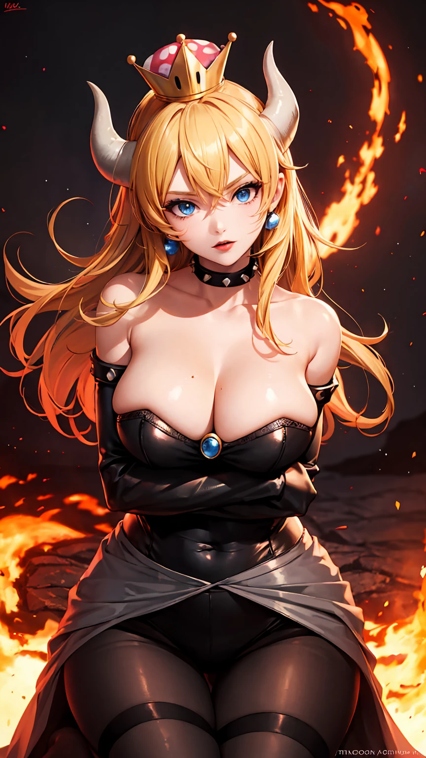 ((high detailed, best quality, 4k, masterpiece, hd:1.3)), ((best quality)), (((HD))), (((8k))), (ultraDH), (ultra HD), Princess Daisy, blue eyes, BREAK blue eyes, seductive, attractive, smooth anime cg art, 36C breasts, long legs, vivid colors, detailed digital art, slim body, perfect skin, dark blonde hair, long hair, blonde hair, blonde hair, BREAK crown, cleavage, 36C cleavage, looking at viewer, BREAK looking at viewer, extremely detailed face, red santa suit, red santa claus suit, santa claus suit, earrings, gem, dark black makeup lips, dark gothic eyeshadows, dark eyeshadows, black eyeshadows, black sexy lips, black lips, (dark:1.2), dark lips, very dark lips, (perfect hands, perfect anatomy), black makeup, black medium lips, black thick lips, detailed fingers, five fingers per hand, 5 fingers, (1 girl), detailed lips, detailed black lips, black painted lips, gothic painted lips, BREAK night, night sky, (breast focus), (arms outstreched:1.2), (from above:1.1), (breasts out:1.3), (off shoulder:1.1), (white horns), (bra), inside a lava castle, she inside a sea of lava, she bathing in lava, full body, perfect long legs, perfect foots, legs and foots into the lava,