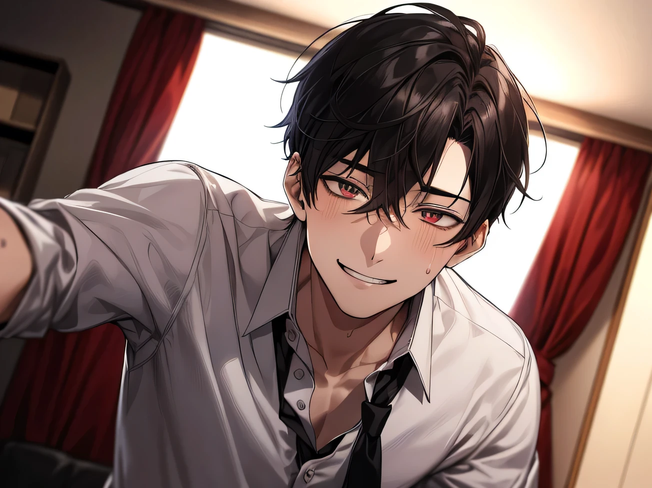 ,Angle from below,male, 30 years old,male1 person、,Adult,A ic atmosphere,Black Hair,Shirt and tie,Unbuttoned,The eyes are brown,Face close-up,sweating,,smile,Background: Apartment room,