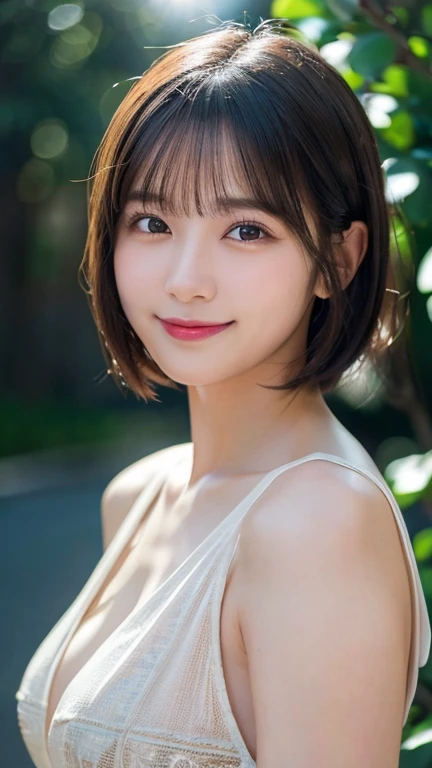 (highest quality,masterpiece:1.3,Ultra-high resolution),(Very detailed,Caustics,8k),(Realistic:1.4,RAW shooting),Japanese,28 years old,cute,I'm looking at the camera with a smile on my face,Black Hair,short hair,Duck mouth,Natural Makeup,big ,See-through,See-through フレアスリーブ タートルネック ワンピース 長袖 タイネック,レースSee-throughTシャツ ,Bust up shot,Warm Light,Natural light,Professional Writing