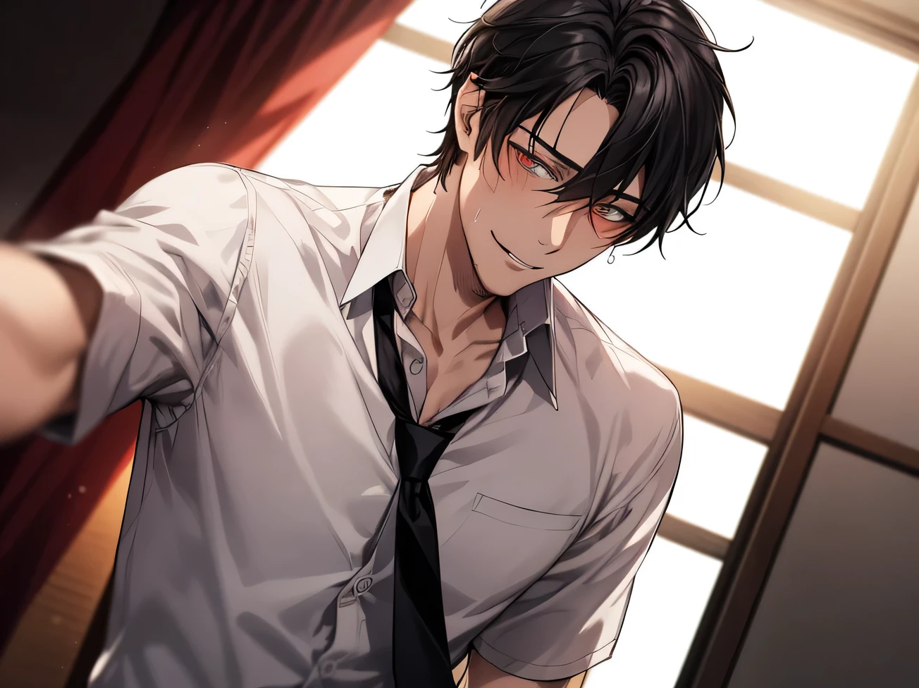 ,Angle from below,male, 30 years old,male1 person、,Adult,A sadistic atmosphere,Black Hair,Shirt and tie,Unbuttoned,The eyes are brown,Face close-up,sweating,,smile,Background: Apartment room,