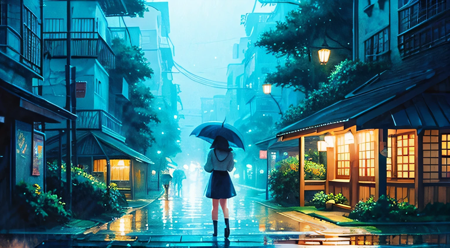rain Cafe night Ghibli-style illustrations