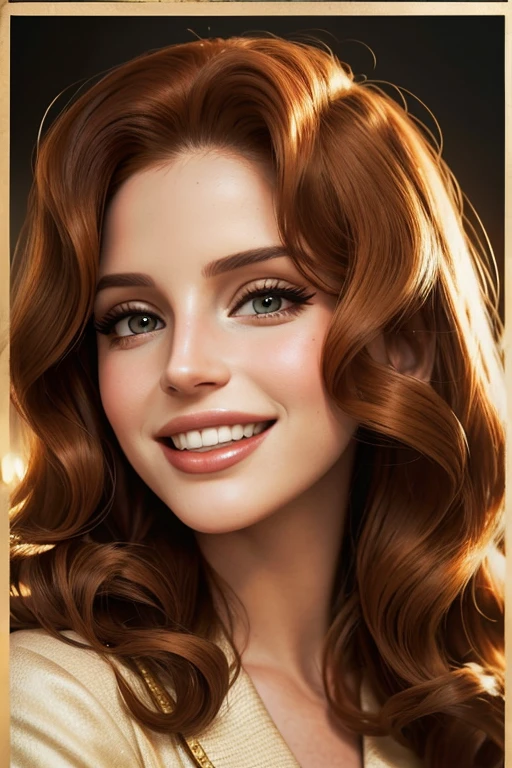 high quality, close-up, portrait, glamorous outfits, vintage film style, warm color tone, soft lighting, Lana Del Rey with Ginger long and curly hair, laughing in the camera, middle sized ,