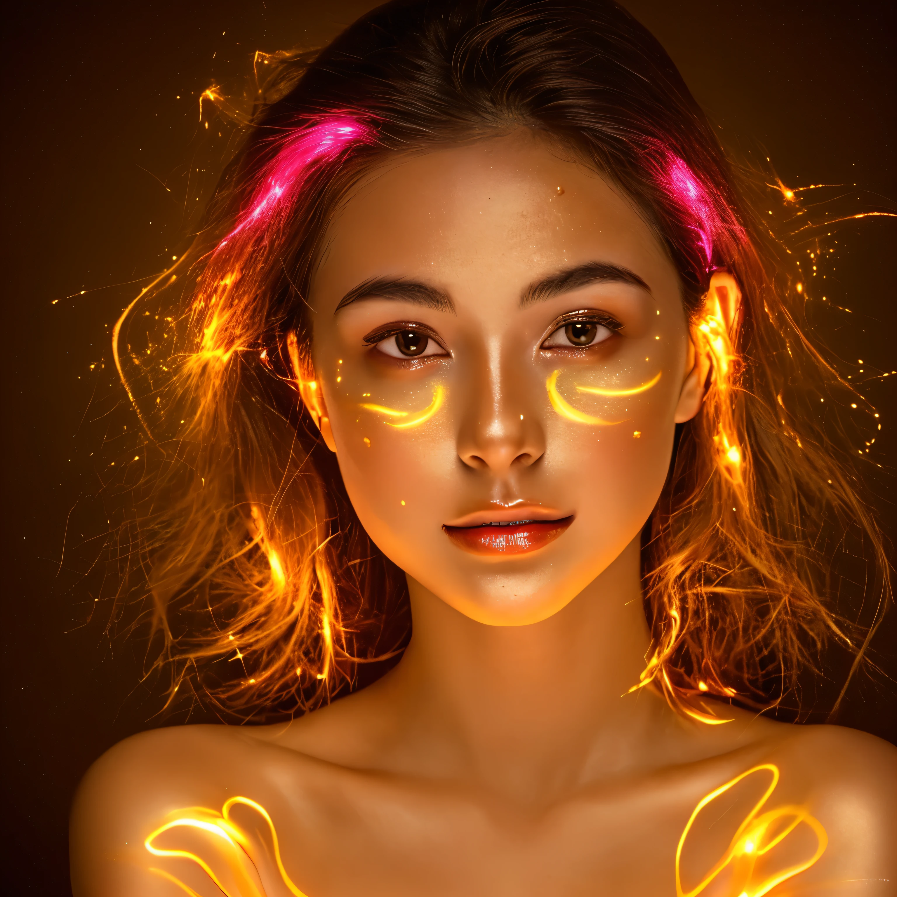 black and white raw photo, close up of a woman's surrounded by a string of lights, glowing face, glowing pink face, glowing from within, gold glow, glowing golden aura, glowing amber, she has a glow coming from her, gold ethereal light, light falling on face, ethereal glow, glowing aesthetic, glowing details, glowing magical shiny skin, glowing with magic, made of glowing oil, glowing