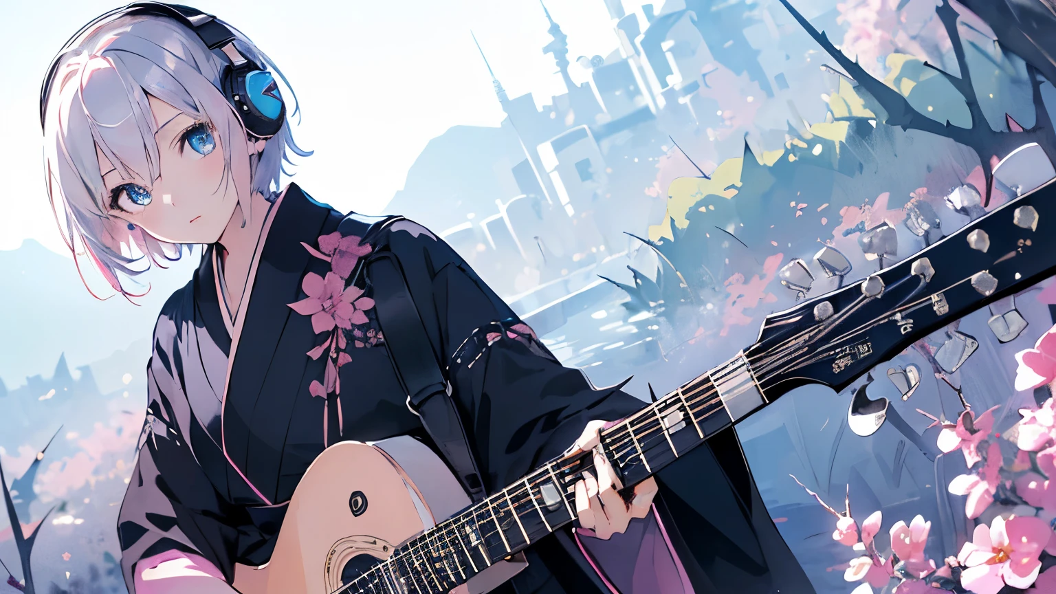 ((masterpiece, highest quality)) Cute One Girl, alone, Black Skirt, blue eyes, Sensitive and intelligent eyes,エレキguitar, guitar, Headphones, Keep, With thorns, musical instrument, Silver pink short hair, music, From one side to the top,pink reflections, tocando la guitar, kimono, Beautiful background