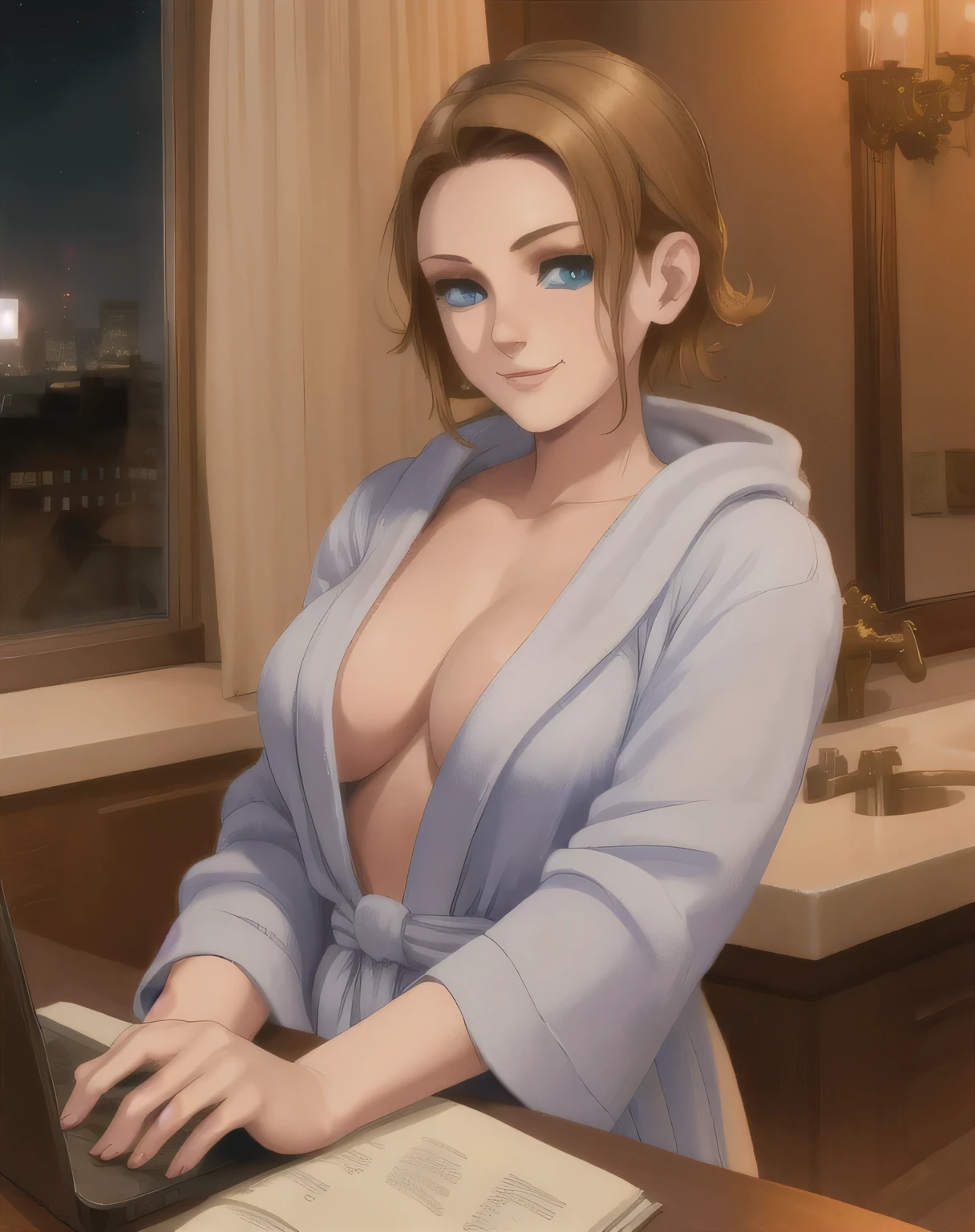 Leann,blue eyes,short hair,brown hair,
bath robe,light smile,
standing,upper body,
hotel,night,window,laptop,sitting,
(insanely detailed, beautiful detailed face, masterpiece, best quality),solo,