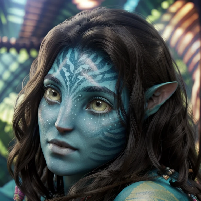 avatar style, (face portrait:1.6), naavi, 1girl, female, (green eyes), (big eyes), ((eyebrowless)), pointy ears, (turquoise skin tone:1.0), (straight hair:1.0), brown hair color, ((long hair)), (young adult), 18 years old, face wrinkles, wearing colorful tribal clothing, (wearing tribal acessories), detailed eyes, toned body, muscled body, vibrant colors, glowing, ethereal atmosphere, surrealistic dreamy lighting, textured skin, otherworldly beauty, mesmerizing photography, (best quality, highres), vivid colors, ultrarealistic, skin details, striped skin, sfw, face close-up:0.5, ultradetailed body, ((turquoise skin))