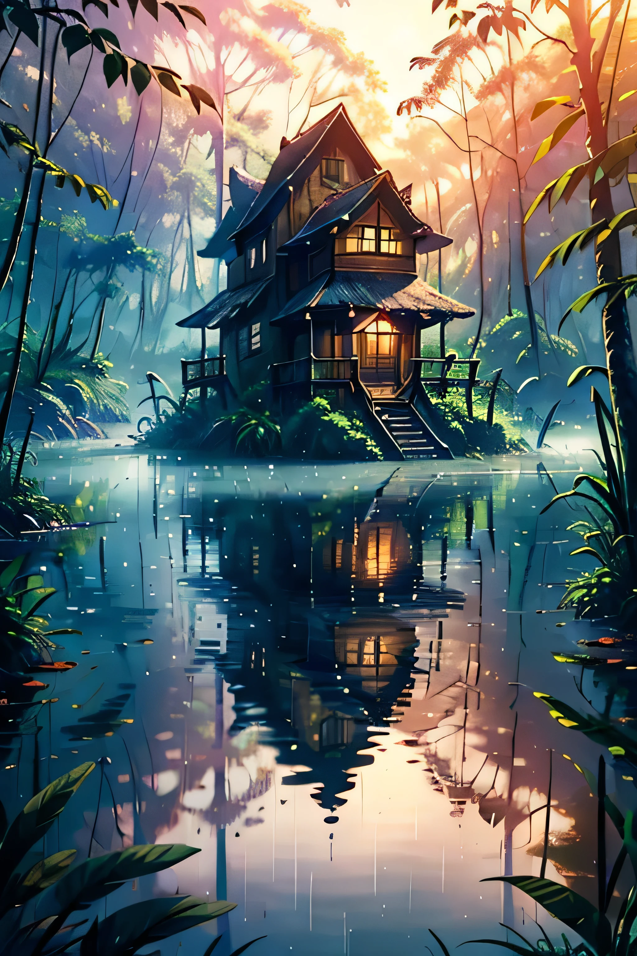 (Rustic wooden house:1.3) In the rainforest and the small lake in front of the house、Lots of rain, There is a small wooden bridge between the house and the other side.. A thick morning mist spreads across the entire scene. The sun is rising behind the forest, The rays penetrate the leaves and twigs. Octane Rendering, 8k