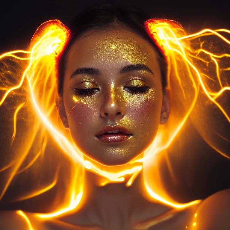 black and white raw photo, close up of a woman's surrounded by a string of lights, glowing face, glowing pink face, glowing from within, gold glow, glowing golden aura, glowing amber, she has a glow coming from her, gold ethereal light, light falling on face, ethereal glow, glowing aesthetic, glowing details, glowing magical shiny skin, glowing with magic, made of glowing oil, glowing neon colors
