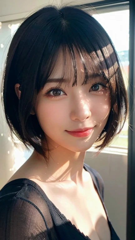 (highest quality,masterpiece:1.3,Ultra-high resolution),(Very detailed,Caustics,8k),(Realistic:1.4,RAW shooting),Japanese,28 years old,cute,I'm looking at the camera with a smile on my face,Silver Hair,short hair,Duck mouth,Natural Makeup,big ,See-through，See-through フレアスリーブ タートルネック ワンピース 長袖 タイネック，レースSee-throughTシャツ ，Bust up shot,Warm Light,Natural light,Professional Writing