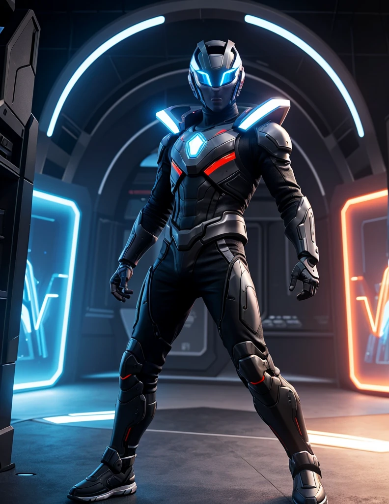 Create a futuristic gamer-style representation of Playground.AI. The character should have a high-tech look, with futuristic armor and technological accessories. His eyes could glow with cybernetic light, and he could hold a holographic device or futuristic game controller in his hands. The background should be a virtual 3D environment, with video game elements and digital interfaces. The image should evoke the idea of a playful mind evolving in an advanced, technological virtual world.