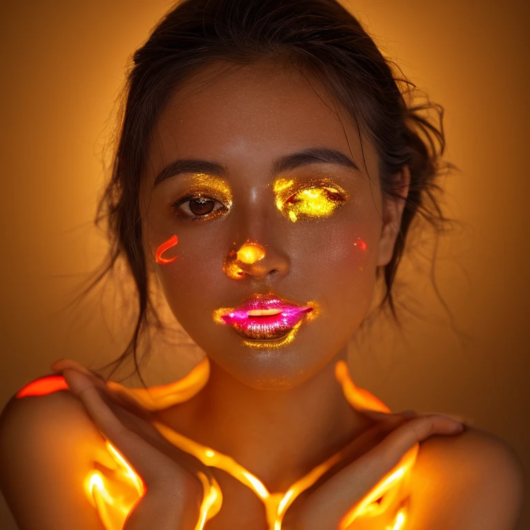 black and white raw photo, close up of a woman's surrounded by a string of lights, glowing face, glowing pink face, glowing from within, gold glow, glowing golden aura, glowing amber, she has a glow coming from her, gold ethereal light, light falling on face, ethereal glow, glowing aesthetic, glowing details, glowing magical shiny skin, glowing with magic, made of glowing oil, glowing
