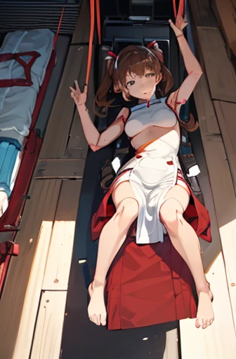 A Female robot is sleeping in the book, spread legs, nude, banzai pose. she wears no dress. She Brown short hair is tied with two big red clothespins, She lifts up the under hem of her white plain dress, leaning over, masterpiece, very short pigtails,brown hair, mature, android, blue eyes, full body figure, Height: 160cm, flushed cheeks, 2020s anime picture, A beautiful robot with short brown hair in two short pigtails held up by two very large huge red clothespins, Uplifting, No NSFW, whole body, barefoot, archaic smile, getting orgasm, 25 years old, sweat bucket.