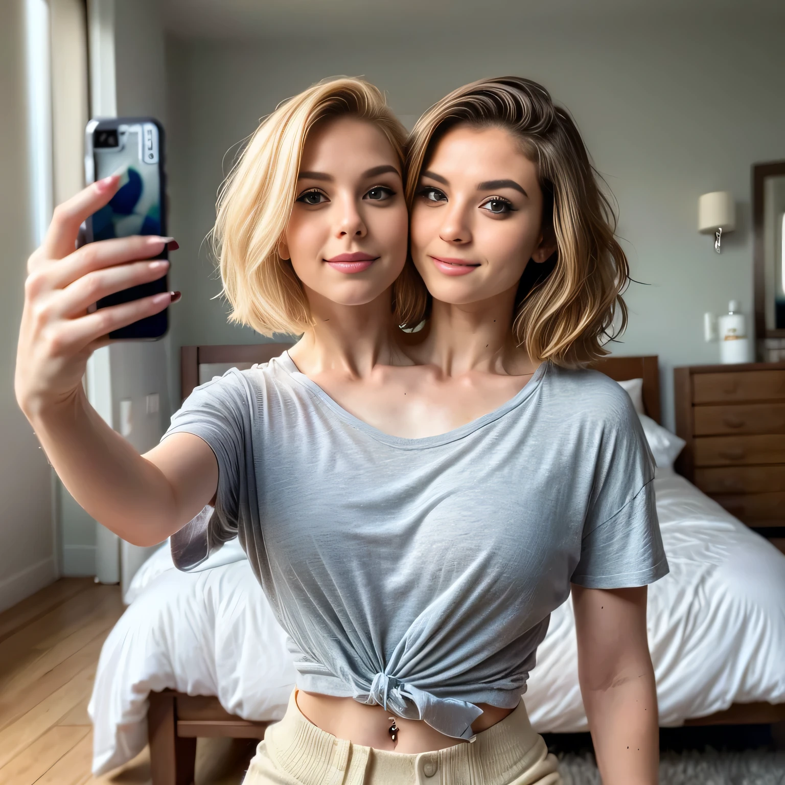 best resolution, 2 heads, two different people become conjoined, different heads, blonde hair, ponytail, eyeliner, 25 years old, cute, flirting, horny, sexy, standing in bedroom, holding phone, taking a photo,