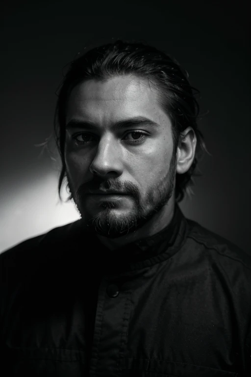 high resolution photography, monochrome, evoking the starkness of classic noir with an intimate, psychological edge, close-up, front profile with strategic lighting to accentuate features and create depth, black and white digital photography, with a high emphasis on texture and contrast, Canon EOS 5D Mark IV, preferred for its full-frame sensor that captures detailed gradations in tone, Canon EF 85mm f/1.2L II USM, offering a shallow depth of field and exceptional bokeh, manual mode, using a single off-camera flash with a snoot to direct a focused beam of light, camera on a tripod for stability, male in his thirties, with a beard and a gaze that holds an introspective stillness, beard is well-groomed, catching highlights where the light grazes, and his eyes are deep-set, underlined by a furrowed brow, indicative of concentration or internal conflict, minimalist, to avoid distracting from the subject's emotive presence, he absence of a background ensures that all narrative weight is carried by the subject's expression and the play of light on skin, void of context, the darkness envelops the subject, focusing attention on the stark contrast of light and shadow across his face, low key, with a singular source that creates a diagonal divide across the face, symbolizing the chiaroscuro technique's thematic play between revelation and concealment, the light catches on the ridges of the subject's facial features; the thoughtful position of his hand, fingers resting gently yet firmly against his chin, adds to the introspective quality, portrait invites the viewer into a moment of private reflection, punctuated by a profound silence that speaks volumes, serving as a canvas for the viewer's own interpretations of light, shadow, and the layers of the human condition, ultra realistic, UHD, many details --ar 9:16 --style raw --stylize 600