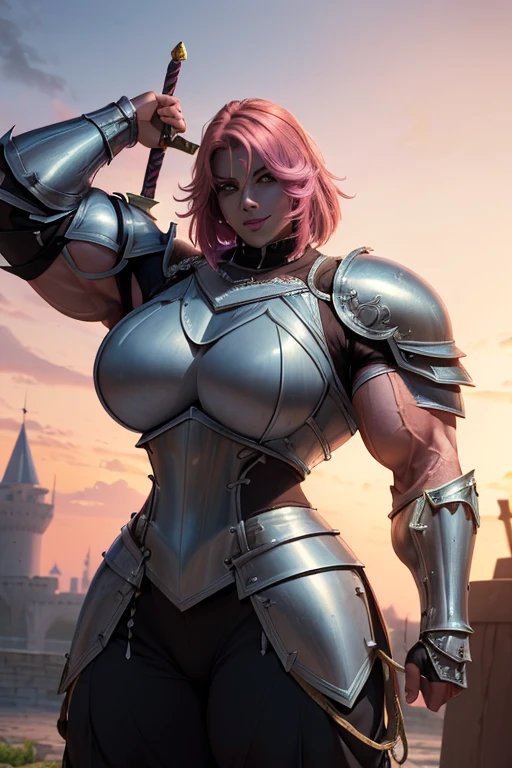 ((((Massive, tall, beautiful, buff, muscular brown skinned female knight with shocking pink hair, black lipstick, ginormous bulky muscles, holding a sword and shield and wearing an all shocking pink gleaming knight armor with hauberk and pants)))), (close view), black eyeliner, massive muscles, massive biceps, hyper muscle triceps, (angled bob cut), red eyes, knight boots, In a castle, hauberk, steel knight armor, armor breastplate, nighttime, confident smile, (hyper muscles arms), hyper muscle legs, (ginormous arms))