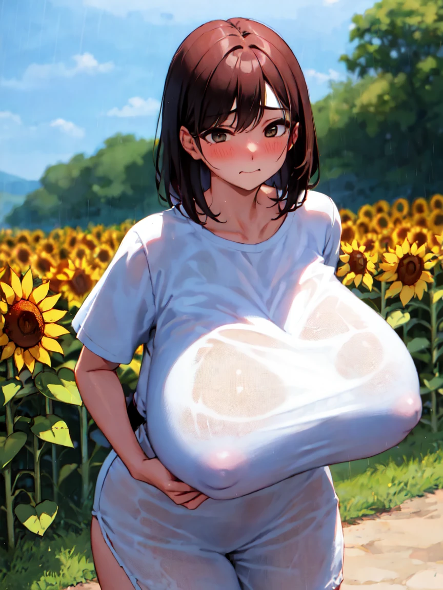 sunny、summer、Sunflower field、White clothes、No bra、Large Breasts、shame、Burning cheeks、Embarrassed、Young face、Large nipples、Big nipples、pubic hair、after the rain、Stained and clingy clothes、茂ったpubic hair、多いpubic hair