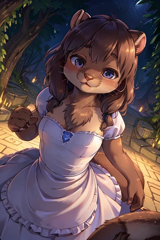 hairy Otter mom , (realistic hairy Otter fur:1.5) , round face , (tilt face:1.2) , (half-open eyes:1.5) , moist round eyes , Swollen cheeks , Seduction smile , glossy lips , Curly hair , princess dress , Alice in Wonderland , twilight , Adorable gestures , dynamic angle , nag factor , Gently guide , labyrinth , can not stand it any longer