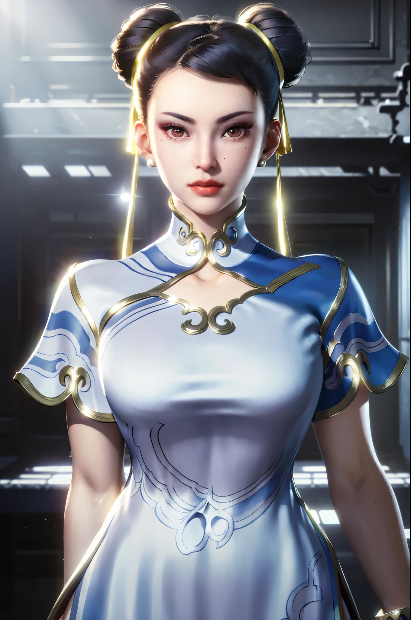 realistic, realism, photorealism, photo-realistic, high contrast, (photorealistic:1.4), 8k high definition detailed realistic, (best quality, masterpiece:1.2), photon mapping, radiosity, physically-based rendering, best quality, highly detailed, 1girl, sfchunli, indoor, room light, standing, standing, sexy pose