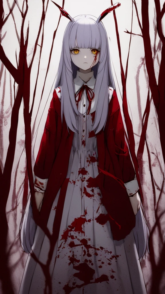 the anime, with , red ribbon around the neck, yellow eyes, pink dress, white sleeves, (indigo hair), sad face, girl in depression, full height, Full-length girl, best Quality, blood, bloody girl, blood on hands