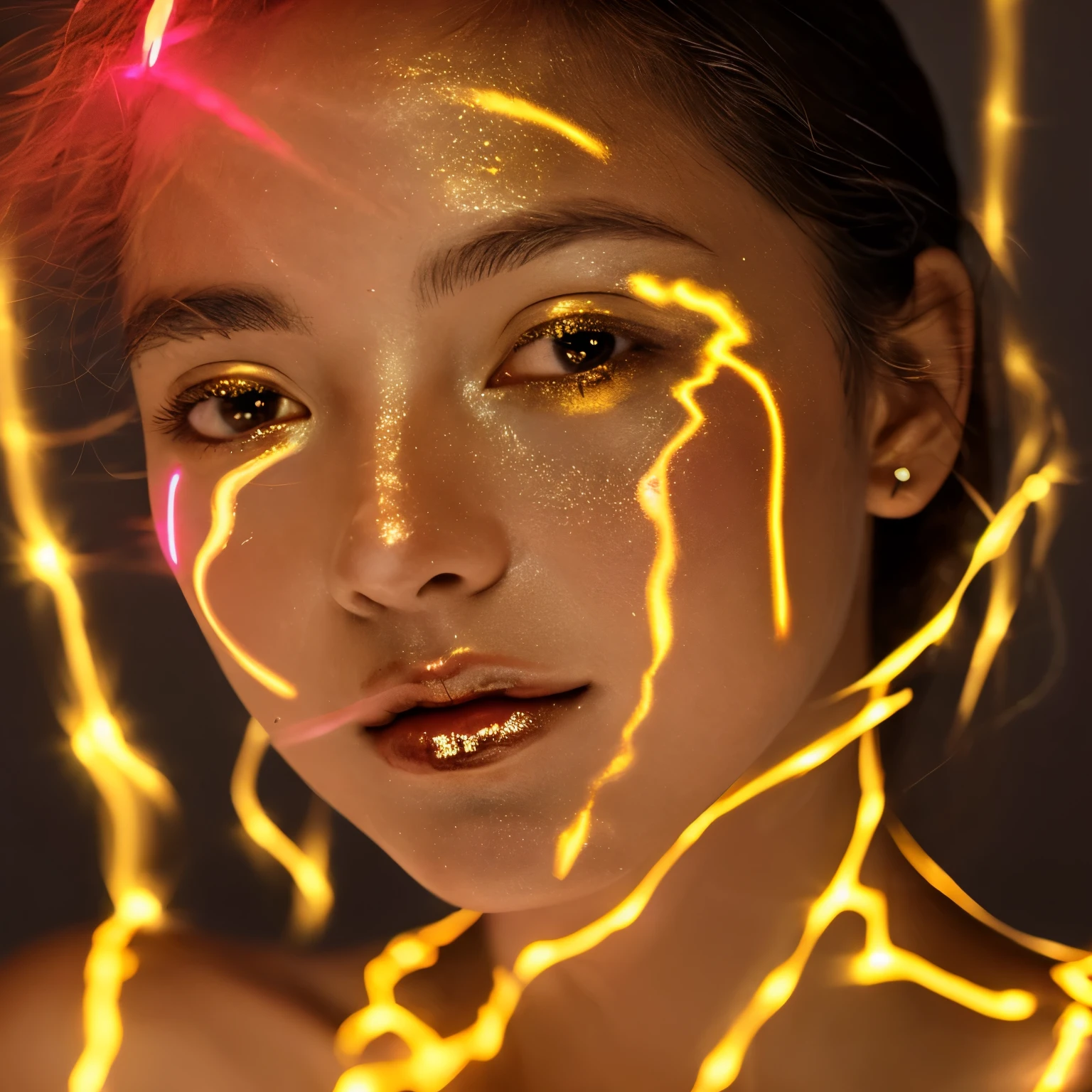 black and white raw photo, close up of a woman's surrounded by a string of lights, glowing face, glowing pink face, glowing from within, gold glow, glowing golden aura, glowing amber, she has a glow coming from her, gold ethereal light, light falling on face, ethereal glow, glowing aesthetic, glowing details, glowing magical shiny skin, glowing with magic, made of glowing oil, glowing