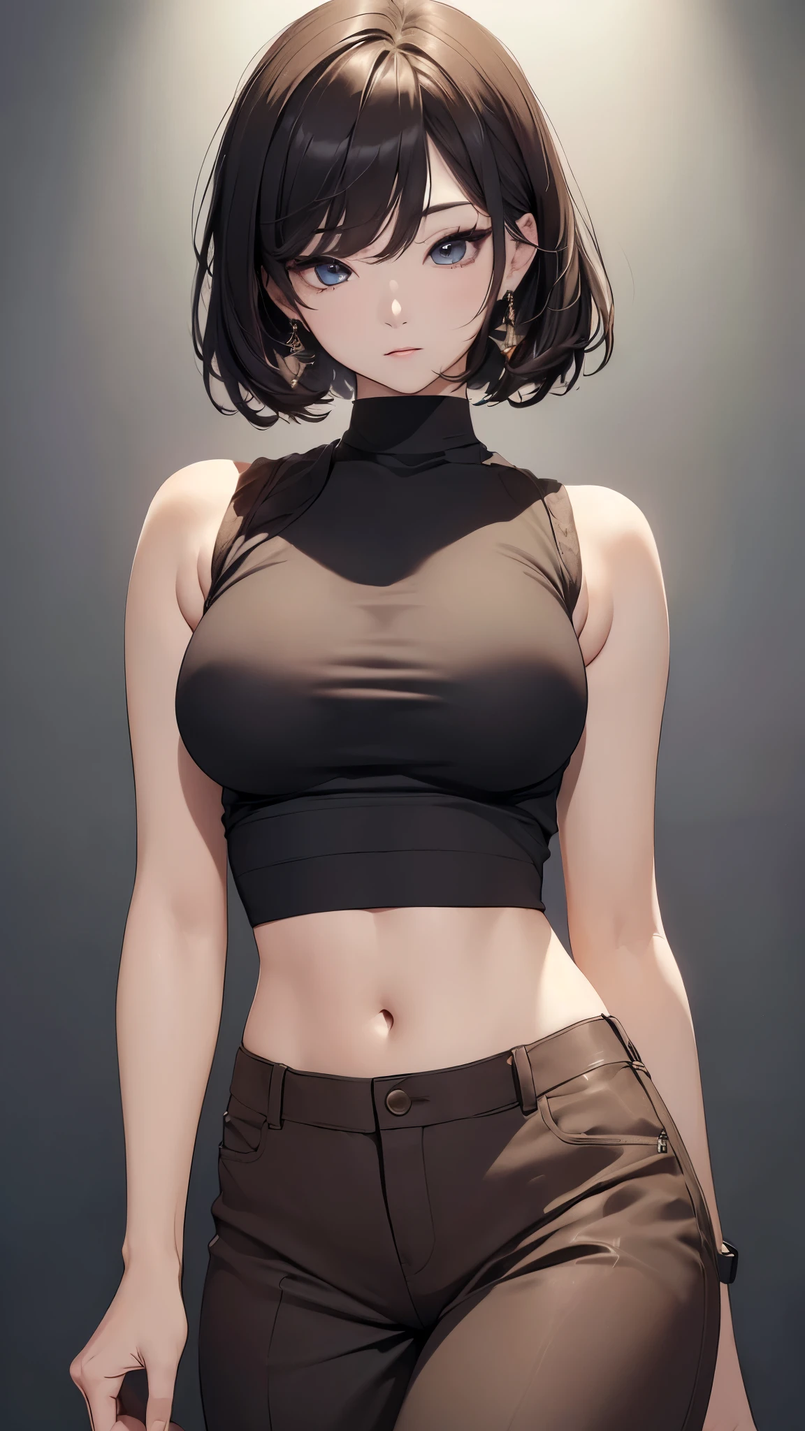 (((masterpiece))),(((High resolution)))、(((8K quality)))、(((perfect face)))、(((Korean idol))), ((sleeveless)), (pants), look at the camera, ((top quality eyes)), detailed face, (detailed texture), look at the camera, big tits