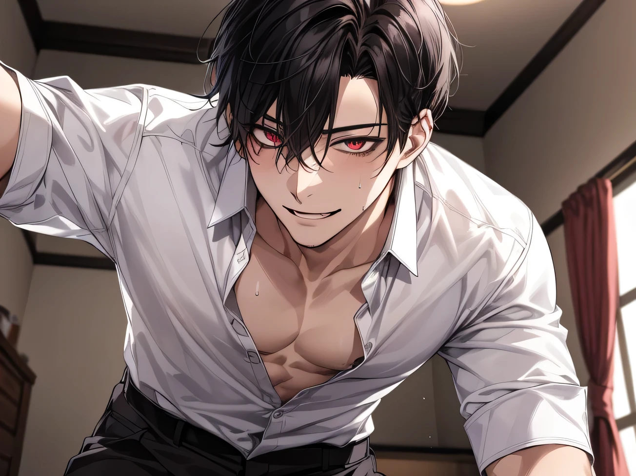 Angle from below,male, 30 years old,male1 person、,Adult,A sadistic atmosphere,Black Hair,Sharp Eye,Lewd Eyes,Shirt and tie,Take off your shirt,Unbuttoned,The eyes are brown,Face close-up,sweating,,smile,Background: Apartment room