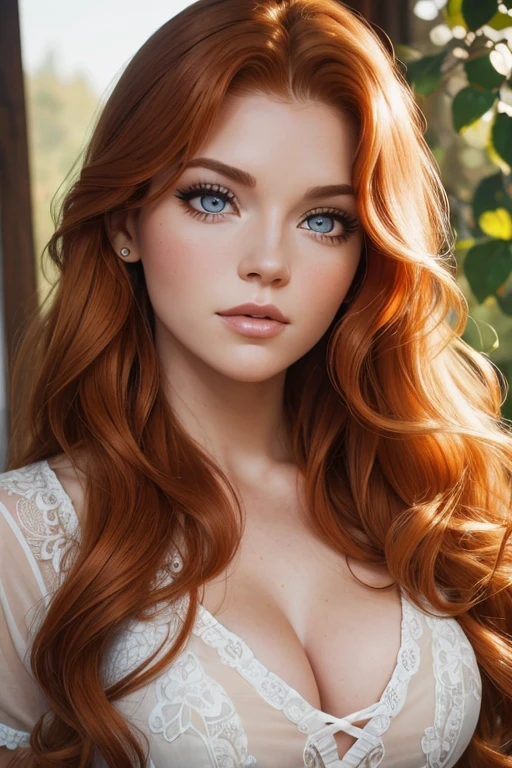 young Ginger Lynn, best quality,medium,portrait,ginger long and curled hair, beautiful detailed amber eyes,beautiful detailed lips,extremely detailed eyes and face,long eyelashes,natural sunlight,soft shadows,vivid colors,