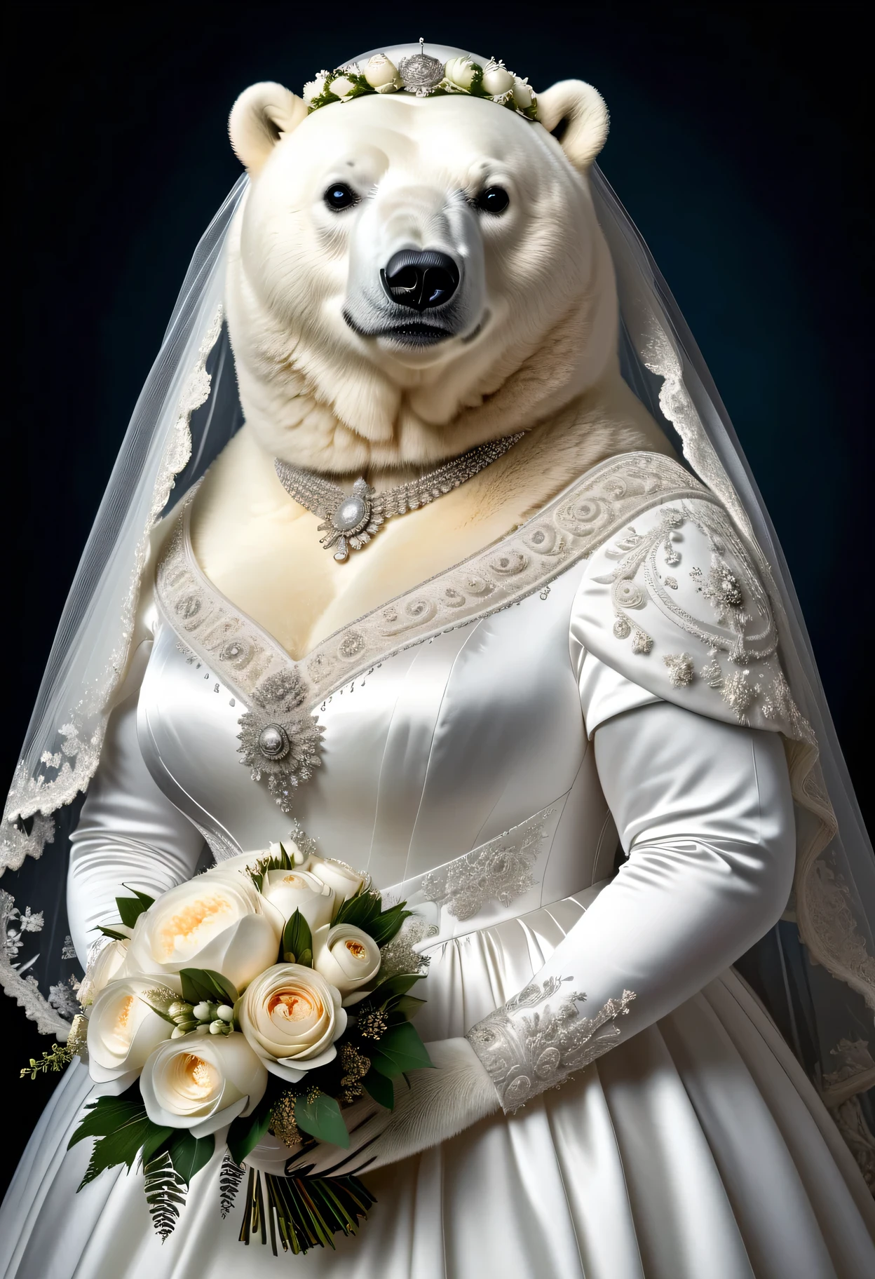 photorealistic portrait of Dressed animals - a ((fat)) polar bear bride,(elegant pose),(closed mouth),(furry), high quality,(lovely) ,intricate details, highly detailed (gothic white wedding dress)),wearing opera globes ,wearing highly detailed veil, highly detailed decorations ,holding flower bouquet, (happy), studio lighting,()