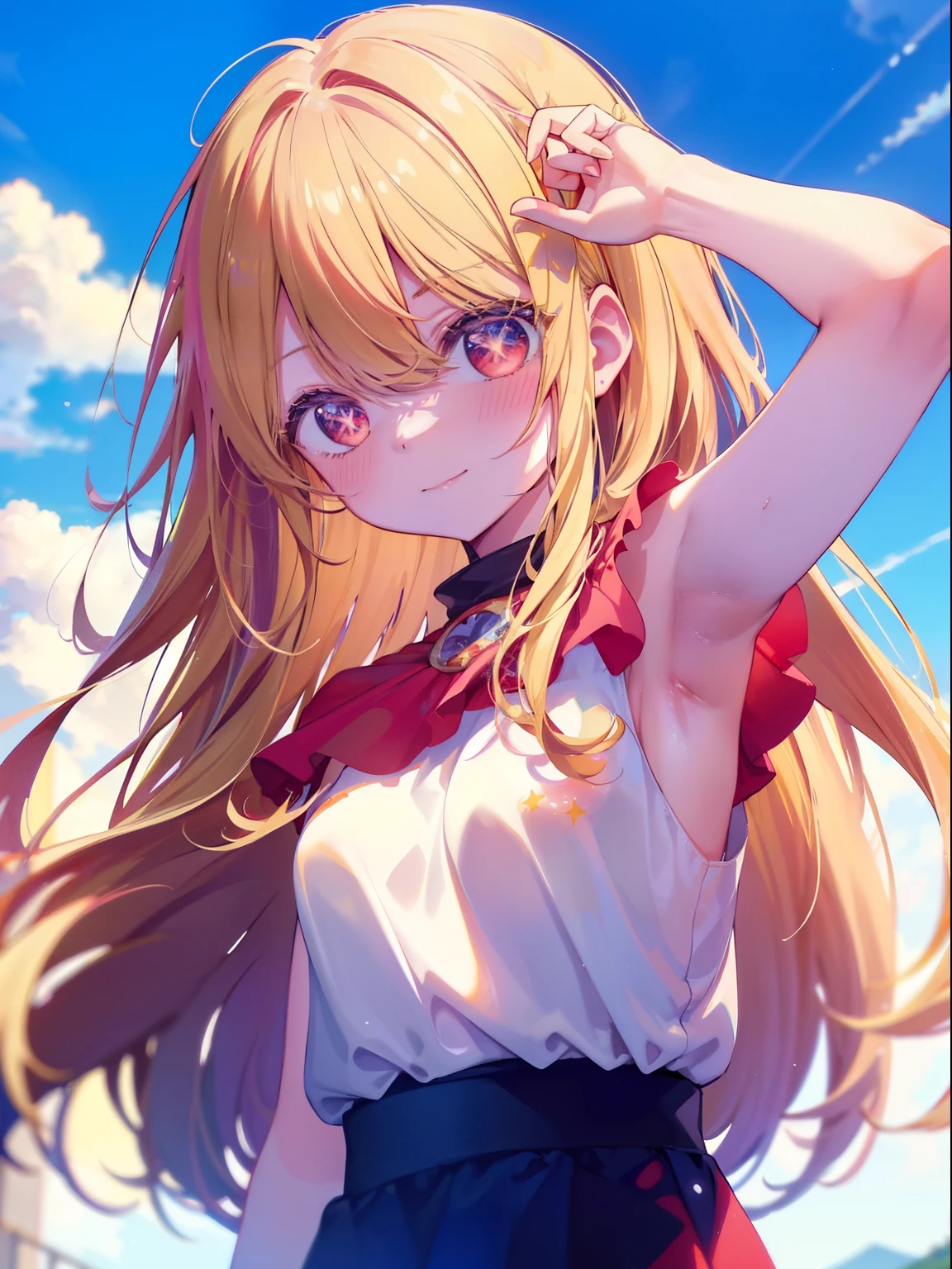 Hoshino Ai、Good looking girl (Long blonde hair with square bangs, Big Red Eyes, One-eyed star,blush, Perfect Face), independent , Looking at the camera, masterpiece, Anime art style, Cute Characters, Most detailed, high quality、Nico Nico Smile、Show your armpits、Long Hair、Wear cute clothes、blue sky