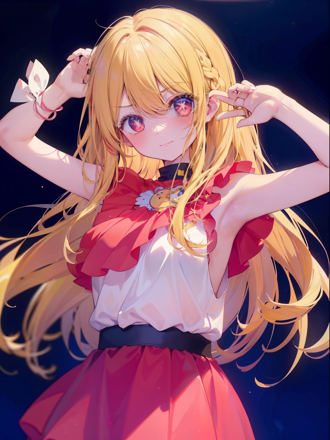 Hoshino Ai、Good looking girl (Long blonde hair with square bangs, Big Red Eyes, One-eyed star,blush, Perfect Face), independent , Looking at the camera, masterpiece, Anime art style, Cute Characters, Most detailed, high quality、Nico Nico Smile、Show your armpits、Long Hair、Wear cute clothes、blue sky