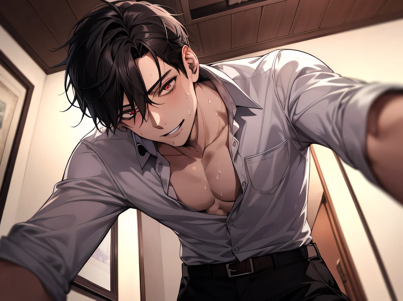 Angle from below,male, 30 years old,male1 person、,Adult,A sadistic atmosphere,Black Hair,Sharp Eye,Lewd Eyes,Shirt and tie,Take off your shirt,Unbuttoned,The eyes are brown,Face close-up,sweating,,smile,Background: Apartment room