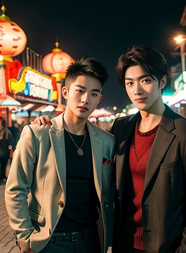 （Chinese handsome：1.5），Two men at an amusement park，the night，masculine pose，realistic detail， photograph of-realistic，textureskin，looking to the camera，18-year-old boy,Studio,