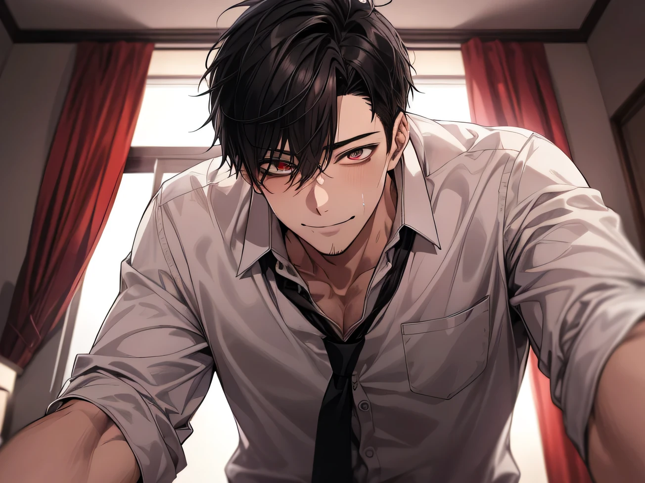 Angle from below,male, 30 years old,male1 person、,Adult,A sadistic atmosphere,Black Hair,Sharp Eye,Lewd Eyes,Shirt and tie,Take off your shirt,Unbuttoned,The eyes are brown,Face close-up,sweating,,smile,Background: Apartment room