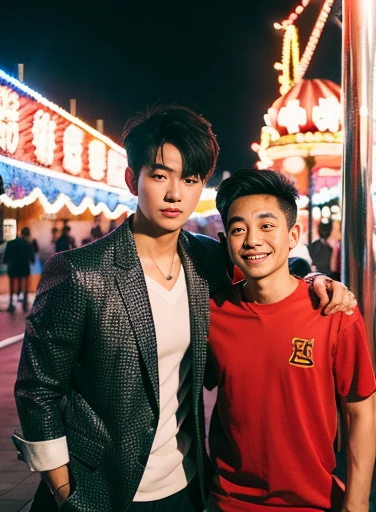 (Chinese handsome:1.5),Two men at an amusement park,the night,masculine pose,realistic detail, photograph of-realistic,textureskin,looking to the camera,18-year-old boy,Studio,
