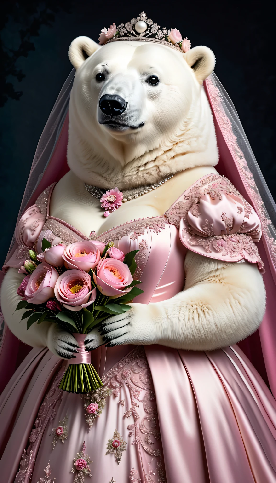photorealistic portrait of Dressed animals - a ((fat)) polar bear bride,(elegant pose),(closed mouth),(furry), high quality,(lovely) ,intricate details, highly detailed (gothic pink wedding dress)),wearing opera globes ,wearing highly detailed veil, highly detailed decorations ,holding flower bouquet, (happy), studio lighting,()