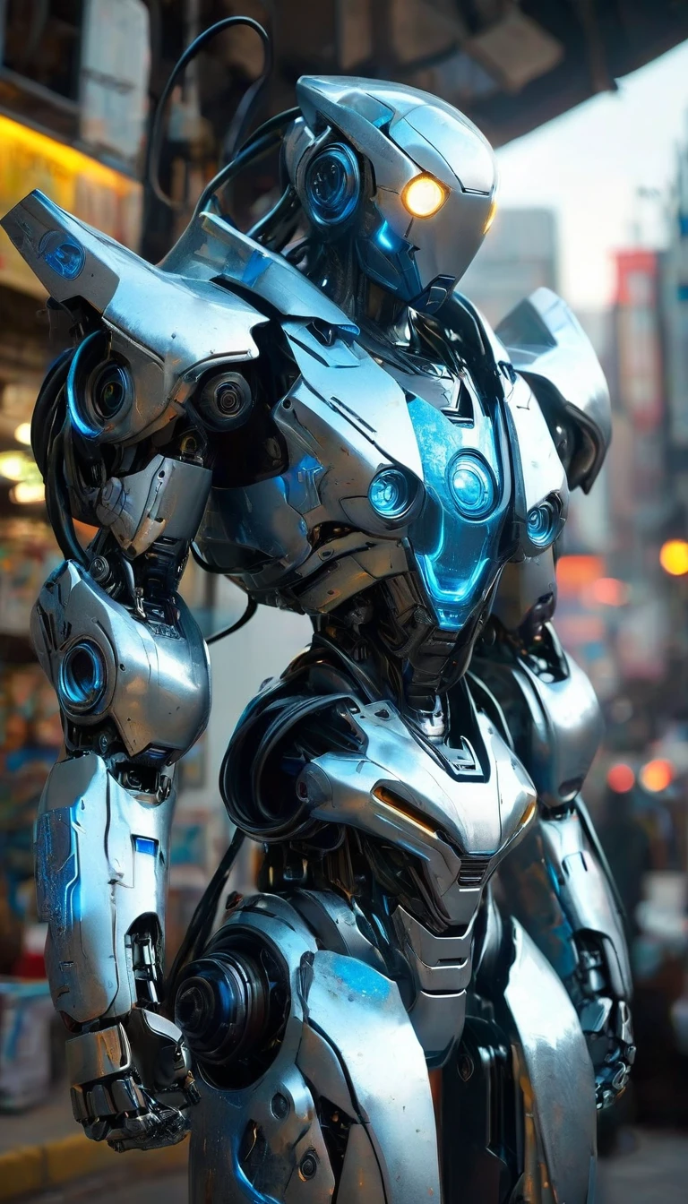 A robot with a silver exterior and blue highlights stands in the center of'une rue de la ville. La conception du robot semble avancée et humanoïde, avec un casque qui illumine ses yeux en bleu, and detailed hands with five fingers. The urban backdrop features a mix of blue and purple neon lights, with two cars parked along the sides of the street. Le décor dégage une ambiance futuriste et technologique, et il y a des preuves que cela se produit plus tard dans la journée, bien que l'exact time is not confirmed. Buildings are visible in the background, contribuer au contexte urbain.