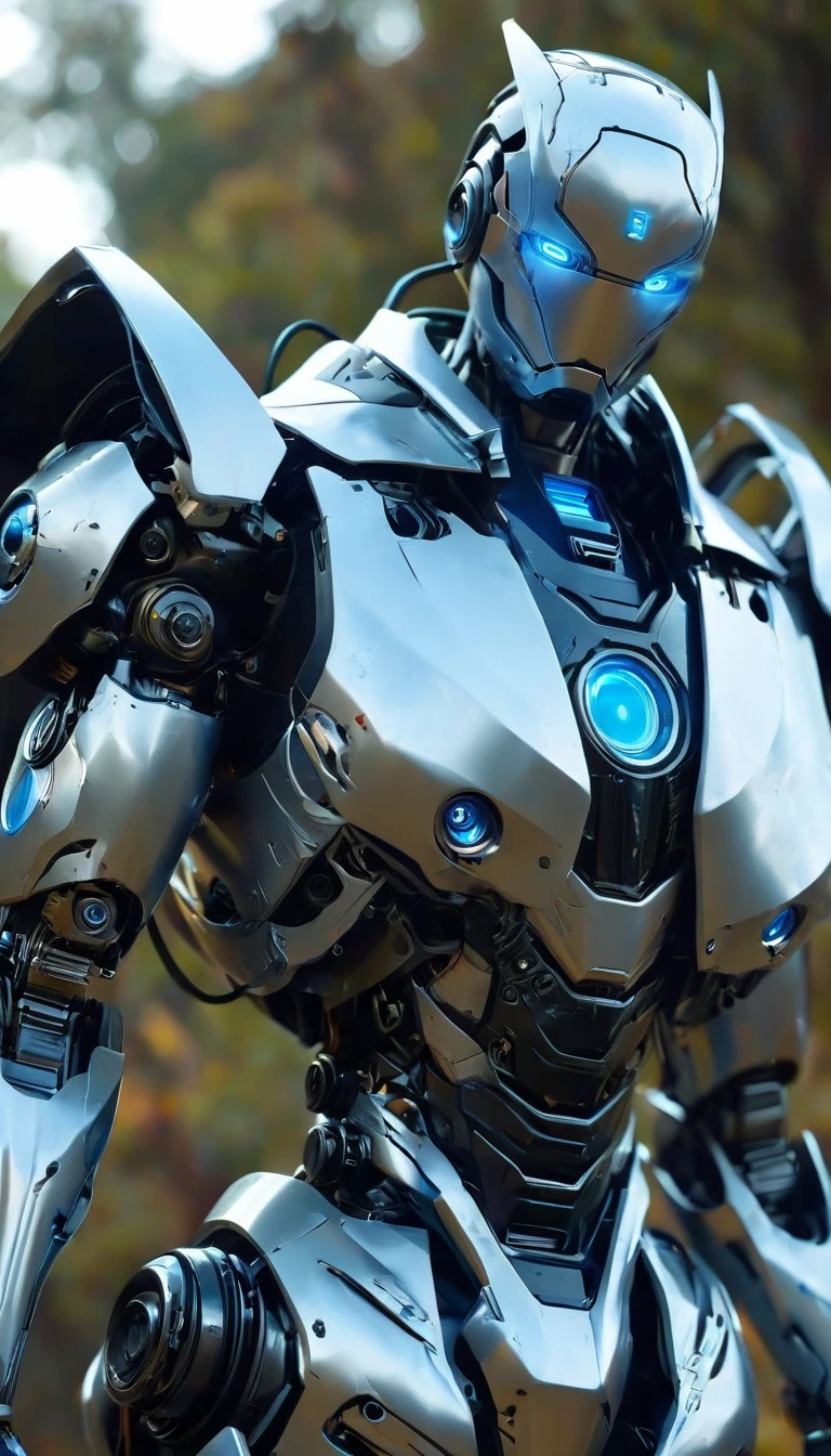 A robot with a silver exterior and blue highlights stands in the center of'une rue de la ville. La conception du robot semble avancée et humanoïde, avec un casque qui illumine ses yeux en bleu, and detailed hands with five fingers. The urban backdrop features a mix of blue and purple neon lights, with two cars parked along the sides of the street. Le décor dégage une ambiance futuriste et technologique, et il y a des preuves que cela se produit plus tard dans la journée, bien que l'exact time is not confirmed. Buildings are visible in the background, contribuer au contexte urbain.