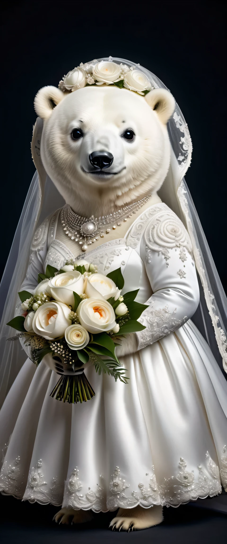 photorealistic portrait of Dressed animals - a ((fat)) baby polar bear bride,(elegant pose),(closed mouth),(furry), high quality,(lovely) ,intricate details, highly detailed (gothic white wedding dress)),wearing opera globes ,wearing highly detailed veil, highly detailed decorations ,holding flower bouquet, (happy), studio lighting,(full body image:2.0)