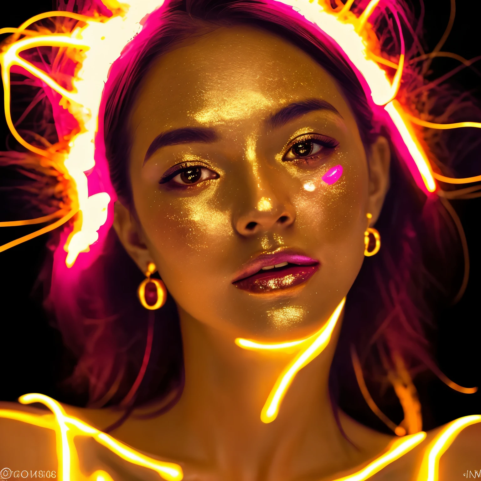 black and white raw photo, close up of a woman's surrounded by a string of lights, glowing face, glowing pink face, glowing from within, gold glow, glowing golden aura, glowing amber, she has a glow coming from her, gold ethereal light, light falling on face, ethereal glow, glowing aesthetic, glowing details, glowing magical shiny skin, glowing with magic, made of glowing oil, glowing neon colors