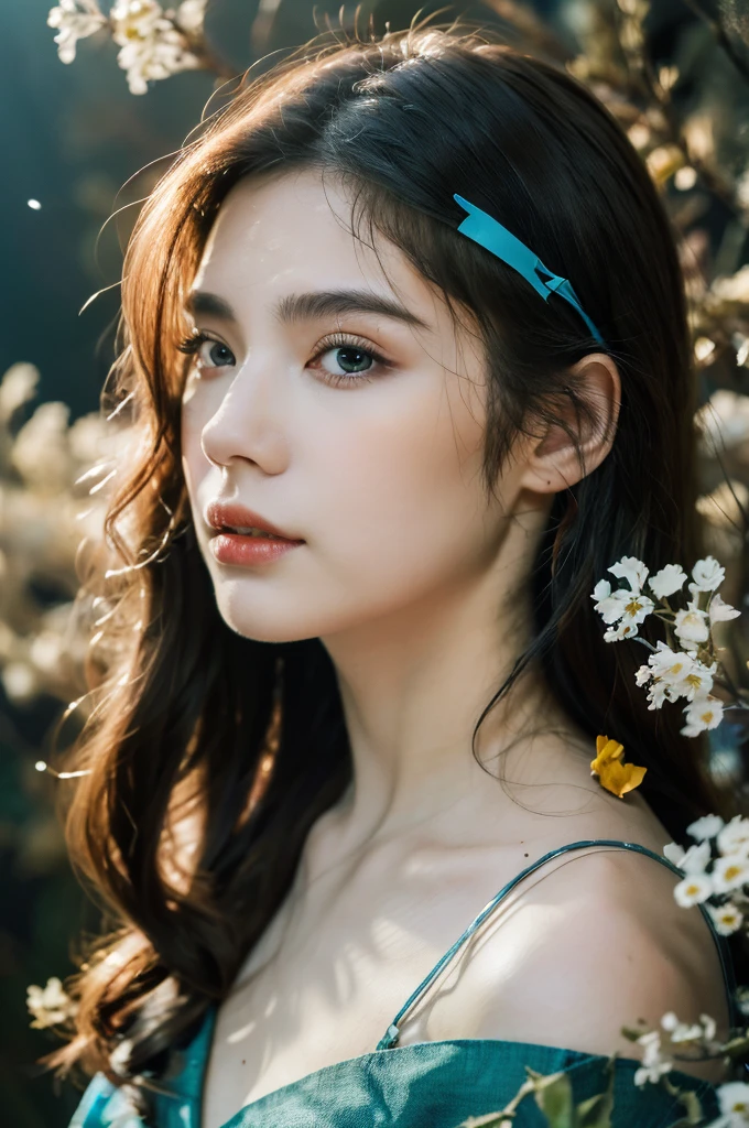 ( masterpiece, top quality, best quality,8k,17 years old girl,ultra detailed,raw photo:1.5),(photorealistic:1.4), (cinematic lighting), PerfectNwsjMajic, , Surrealism, UHD, ccurate, Super detail, textured skin, High detail, Best quality, dynamic angle, White skin,[Beautiful blue eyes], high nose,[flat chest:large breasts:0.5],(1girl),((good anatomy:0.5)),(covered in flowers:1.4), night sky, interested in, fire and ice, (The image is divided into two，Available in a variety of colors:2), eyes blues, sapphire, liquid metal, night sky, (Look at an angle:1.3), (fire and ice), ((Lower chrome)), (hairpin:1.4), (forest:1.3), (fog: 1.3),  Subtle colors and tones, mystical aura ,dreamy atmosphere,expressive brush strokes, mystical ambiance, Artistic interpretation, upper body, long hair