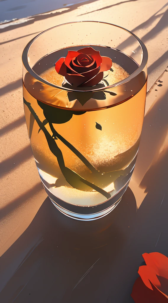 The sun reflected in the crystal glass on the beach, Mountain々Against the backdrop of, Regular classic shaped glasses, Opened from above, Under, Next to the glass, It is a red rose, High-quality, realistic photos