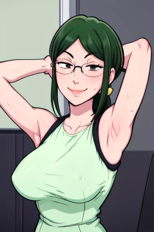 masterpiece, best quality, hanako koyanagi, looking at viewer, large breasts, upper body, portrait, looking at viewer, seductive smile,put your hands behind your head, armpits, armpits visible, sweaty armpits, long hair, green hair, office outfit, wearing glasses