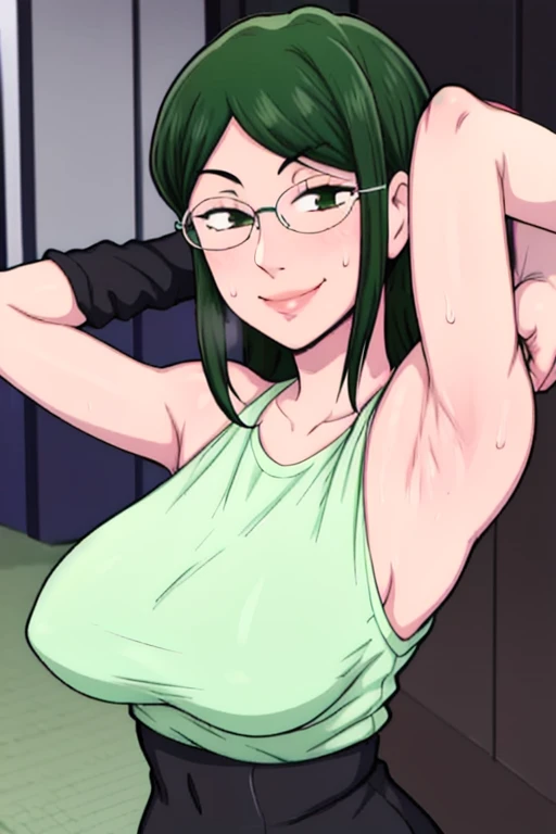 masterpiece, best quality, hanako koyanagi, looking at viewer, large breasts, upper body, portrait, looking at viewer, seductive smile,put your hands behind your head, armpits, armpits visible, sweaty armpits, long hair, green hair, office outfit, wearing glasses