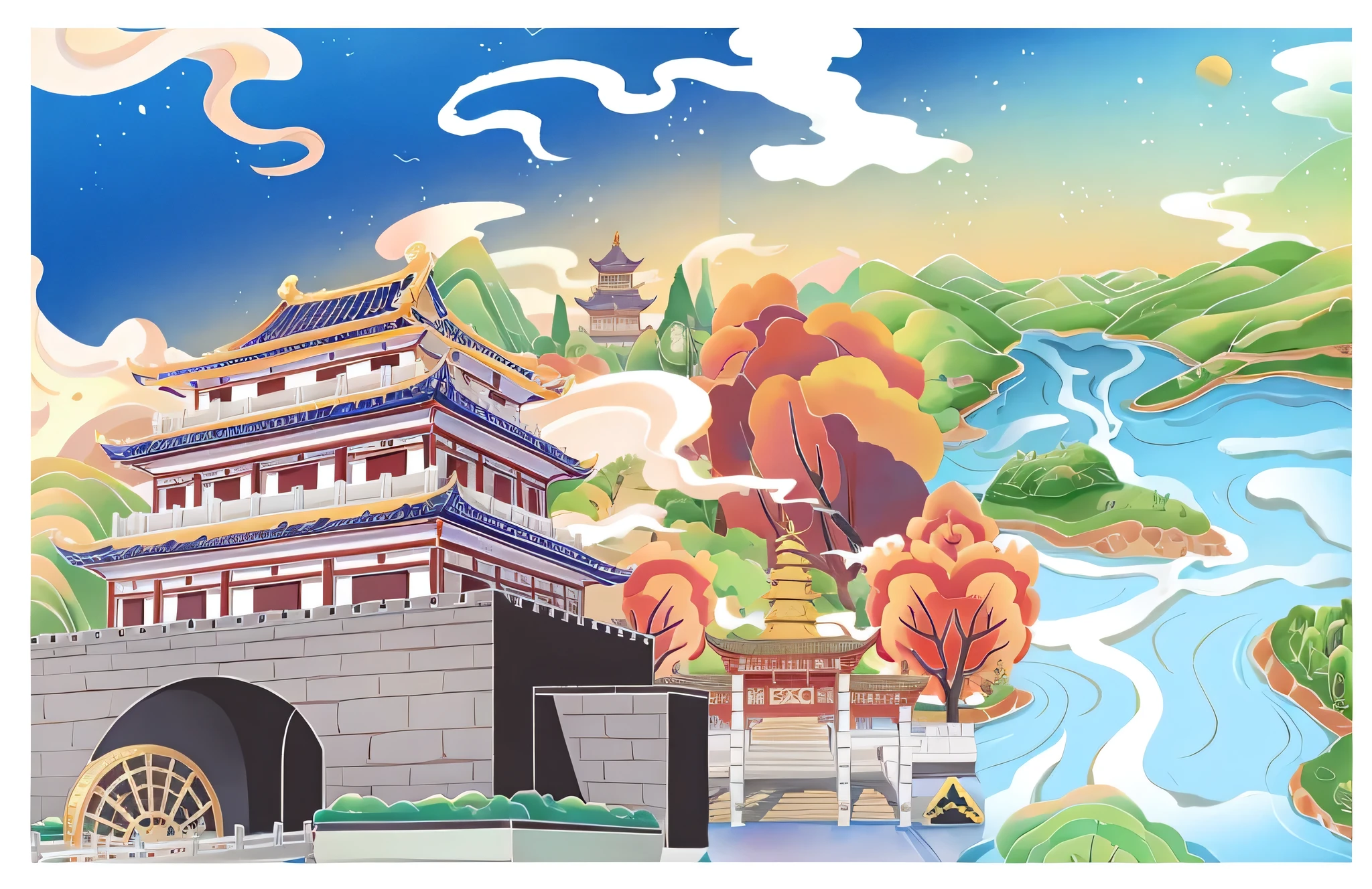 There is a scenery illustration,Tower Chinese ancient style architecture,beautiful scenery,plant,river,Clouds, Fantasy China,, Inspired by China, Chinese Fantasy, inspired by Jin Nong, Inspired by Tang Di, palace , Girl wearing Hanfu, Asian Dynasty Princess, A beautiful artistic illustration,, Chinese Art Style