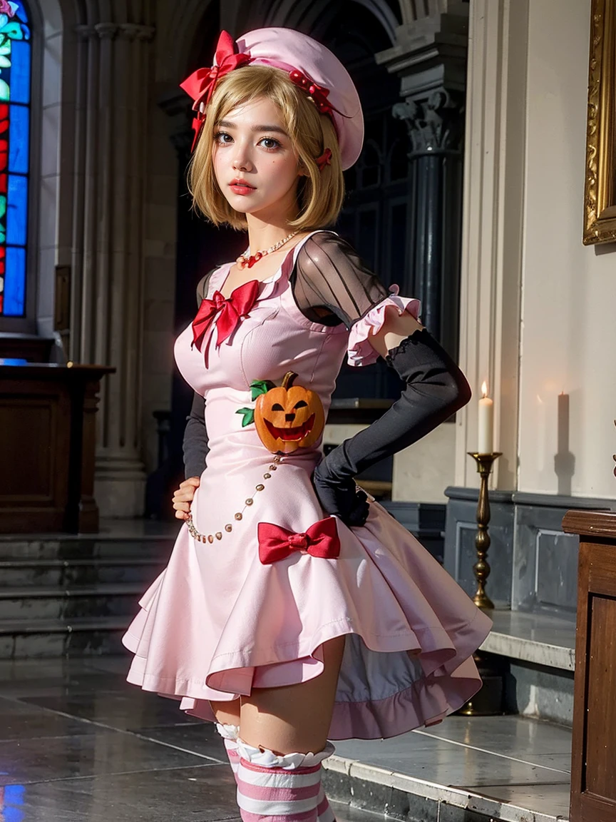 (1 lady), The beautiful, (Best quality at best:1.4), (ultra - detailed), (extremely detailed CG unified 16k), gold blonde hair, very detailed, High-definition RAW color photo, professional photoshooting, amazing face and eyes, cosmetics, (amazingly beautiful girl), ((lambdadelta, tall woman, taller)), ((dress, shoes bow, red shoes, striped stockings, red bow, pink hat, necklace, gloves, pearl, pumpkin brooch, pink dress)), standing, sexyposture,(Dark and stylish cathedral, stained glass, altar, before the altar, candle lights, candle lights:1.3), (look from down), realistic cinematic face, head to feet long wide zoomed out view, full body long view, photorealistic, ((realistic natural blonde hair style, honey eyes)), gorgeous, extremely beautiful face, perfect model beauty, pout mouth, flirting smile, cleavages, city girl, western, shopping in the city, (masterpiece), best quality, high resolution, extremely detailed, blurred background, depth of field, cinematic lighting, (amazing legs, strong legs, athletic legs), high heels, clear and well-cared skin