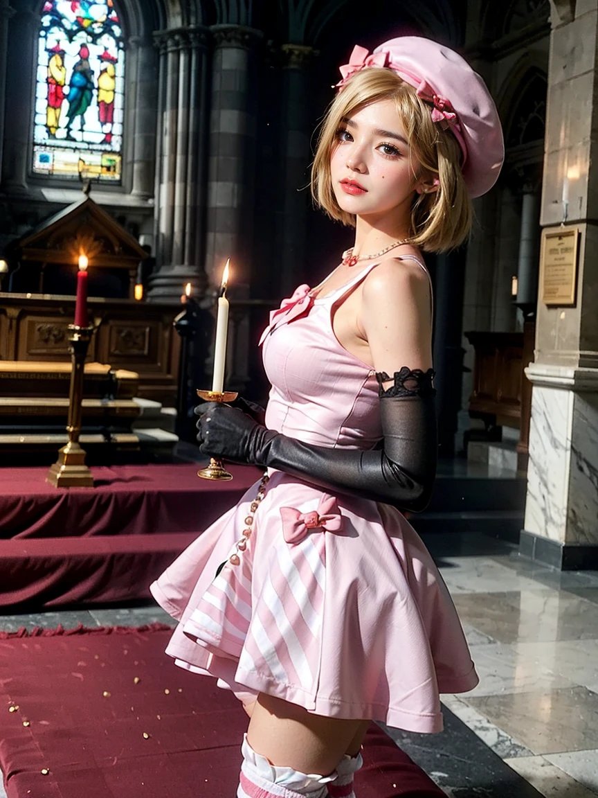 (1 lady), The beautiful, (Best quality at best:1.4), (ultra - detailed), (extremely detailed CG unified 16k), gold blonde hair, very detailed, High-definition RAW color photo, professional photoshooting, amazing face and eyes, cosmetics, (amazingly beautiful girl), ((lambdadelta, tall woman, taller)), ((dress, shoes bow, red shoes, striped stockings, red bow, pink hat, necklace, gloves, pearl, pumpkin brooch, pink dress)), standing, sexyposture,(Dark and stylish cathedral, stained glass, altar, before the altar, candle lights, candle lights:1.3), (look from down), realistic cinematic face, head to feet long wide zoomed out view, full body long view, photorealistic, ((realistic natural blonde hair style, honey eyes)), gorgeous, extremely beautiful face, perfect model beauty, pout mouth, flirting smile, cleavages, city girl, western, shopping in the city, (masterpiece), best quality, high resolution, extremely detailed, blurred background, depth of field, cinematic lighting, (amazing legs, strong legs, athletic legs), high heels, clear and well-cared skin