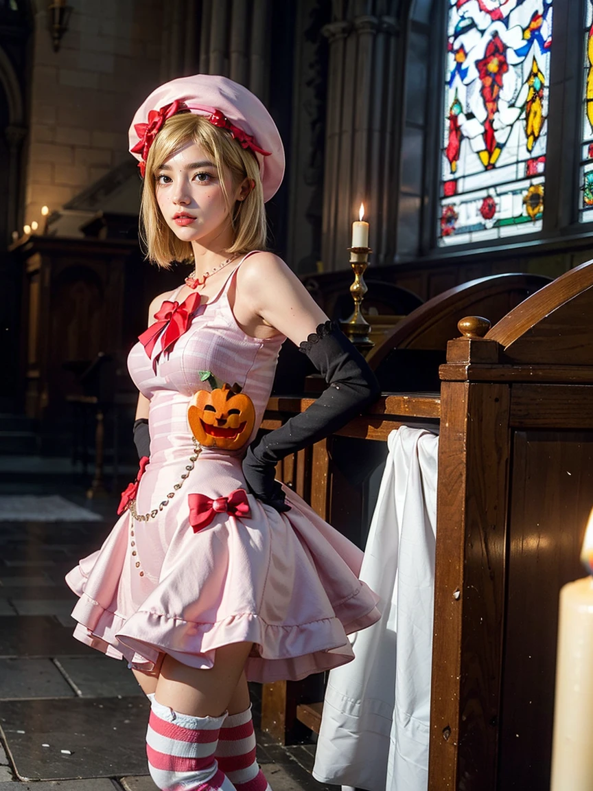 (1 lady), The beautiful, (Best quality at best:1.4), (ultra - detailed), (extremely detailed CG unified 16k), gold blonde hair, very detailed, High-definition RAW color photo, professional photoshooting, amazing face and eyes, cosmetics, (amazingly beautiful girl), ((lambdadelta, tall woman, taller)), ((dress, shoes bow, red shoes, striped stockings, red bow, pink hat, necklace, gloves, pearl, pumpkin brooch, pink dress)), standing, sexyposture,(Dark and stylish cathedral, stained glass, altar, before the altar, candle lights, candle lights:1.3), (look from down), realistic cinematic face, head to feet long wide zoomed out view, full body long view, photorealistic, ((realistic natural blonde hair style, honey eyes)), gorgeous, extremely beautiful face, perfect model beauty, pout mouth, flirting smile, cleavages, city girl, western, shopping in the city, (masterpiece), best quality, high resolution, extremely detailed, blurred background, depth of field, cinematic lighting, (amazing legs, strong legs, athletic legs), high heels, clear and well-cared skin