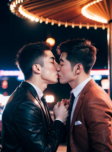 (Chinese handsome:1.5),(Two men at an amusement park),the night,masculine pose,realistic detail, photograph of-realistic,textureskin,looking to the camera,18-year-old boy,Studio, (kiss together) , love