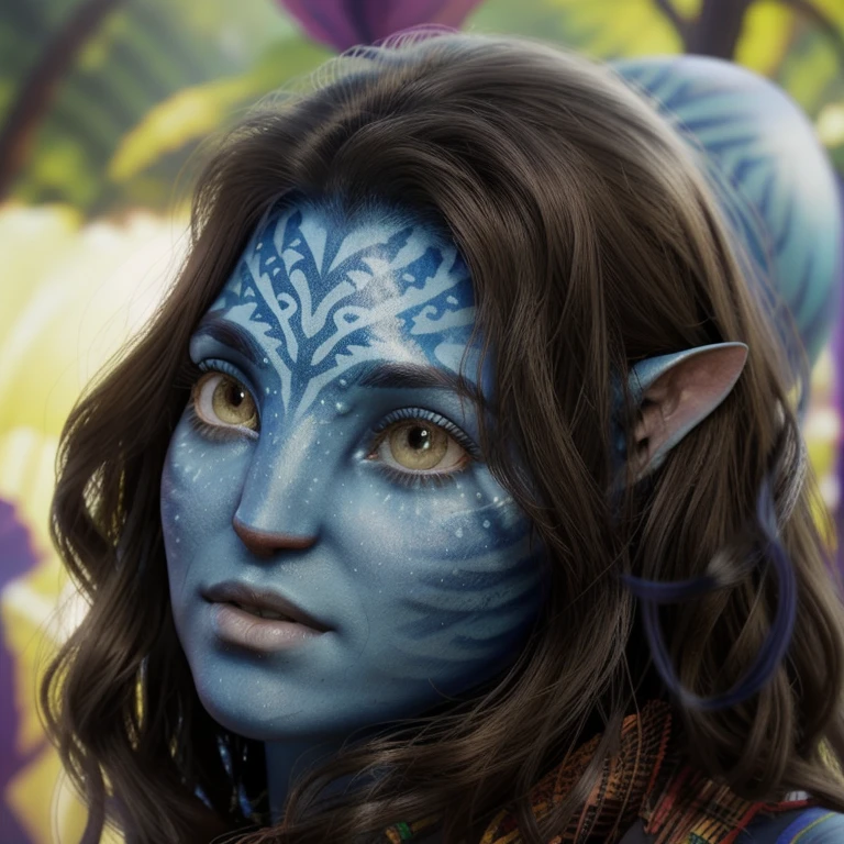 avatar style, (face portrait:1.6), naavi, 1girl, female, (brown eyes), (big eyes), ((eyebrowless)), pointy ears, (navy blue skin tone:1.0), (straight hair:1.0), brown hair color, ((long hair)), (young adult), 18 years old, face wrinkles, ((wearing colorful tribal clothing)), (wearing tribal acessories), detailed eyes, toned body, muscled body, vibrant colors, glowing, ethereal atmosphere, surrealistic dreamy lighting, textured skin, otherworldly beauty, mesmerizing photography, (best quality, highres), vivid colors, ultrarealistic, skin details, striped skin, sfw, face close-up:0.5, ultradetailed body, ((blue skin))